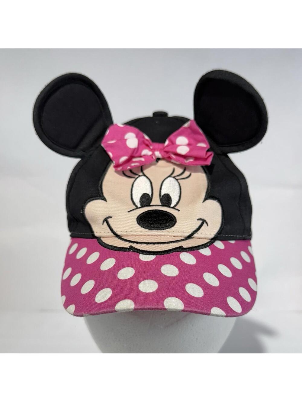 Disney Minnie Mouse kids Hat with Ears Pink w White Polka Dots Black adjst Strap